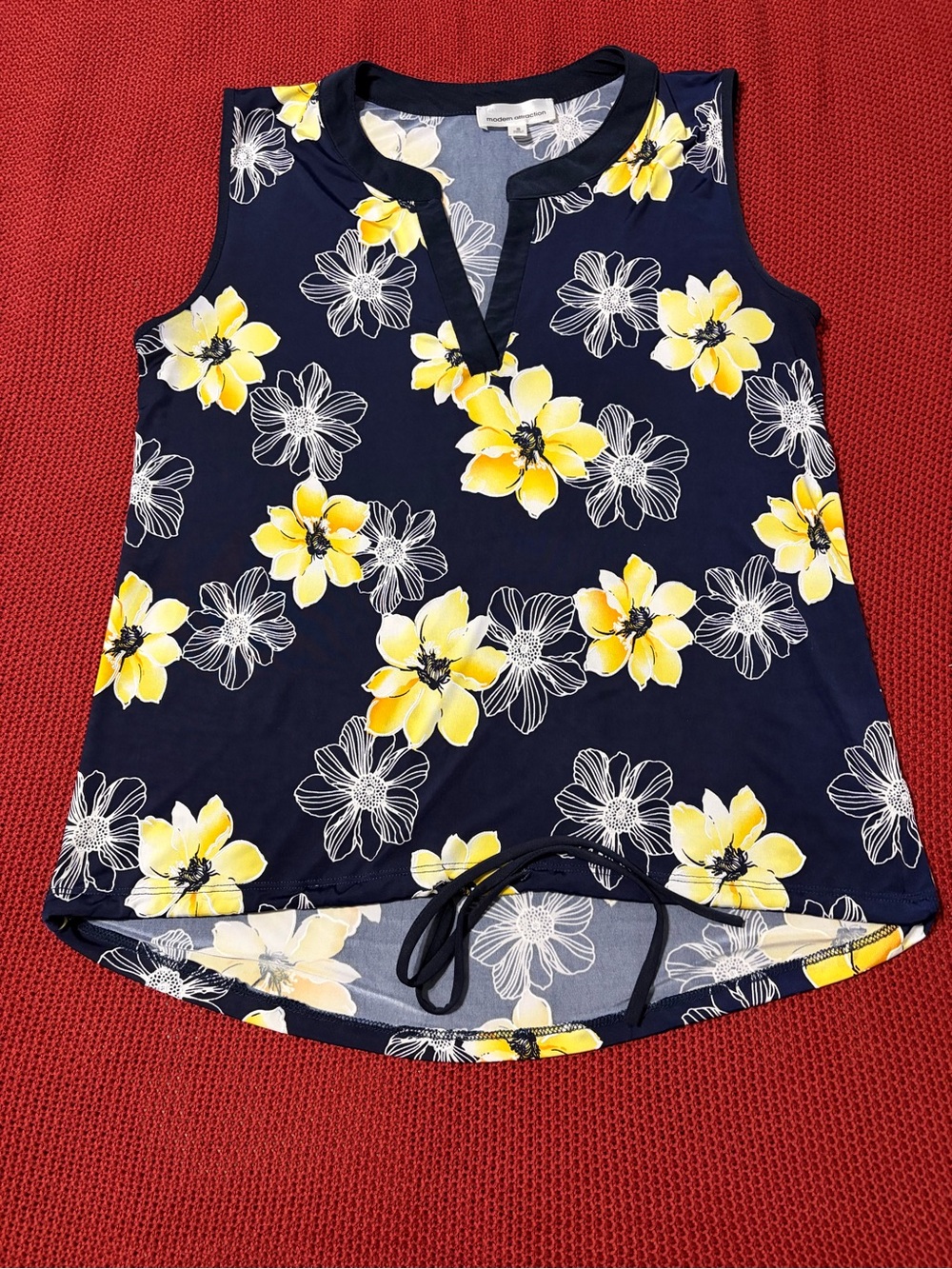 Modern Attraction Navy Sleeveless Floral Tie-Hem Blouse with Yellow Blooms - Picture 2 of 7